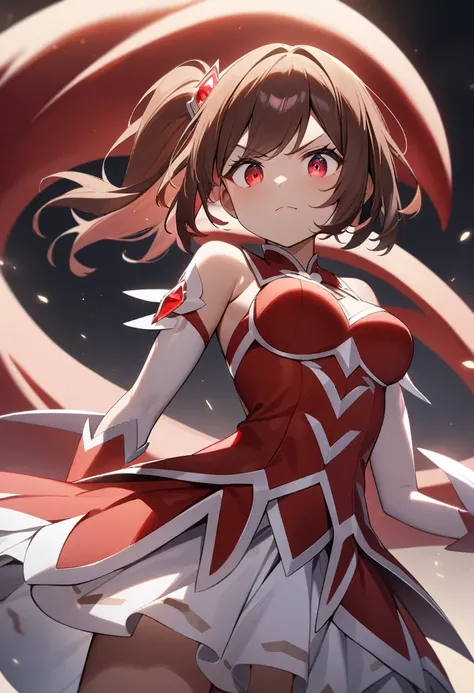 1girl, serious, :), manga cover, red floating cloud eye, eye monster, looking at a floating red eye monster in the sky, dark skin, medium breasts, side ponytail, short hair, messy and brown hair, red magical girl clothes, mahou shoujo, intricate detail, ma...