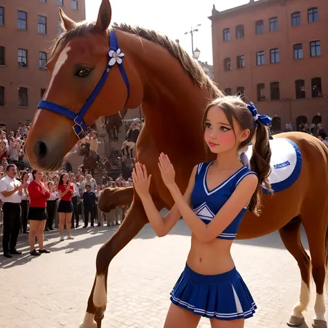 draw a little pre-primary school girl dressed as a cheerleader, cum on face, she is in a public square next to a big horse holdi...