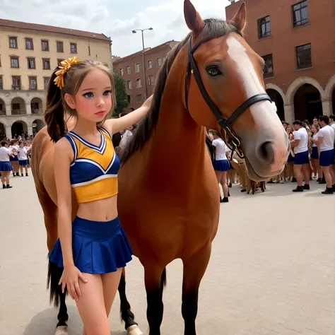 draw a little pre-primary school girl dressed as a cheerleader, cum on face, she is in a public square next to a big horse holdi...