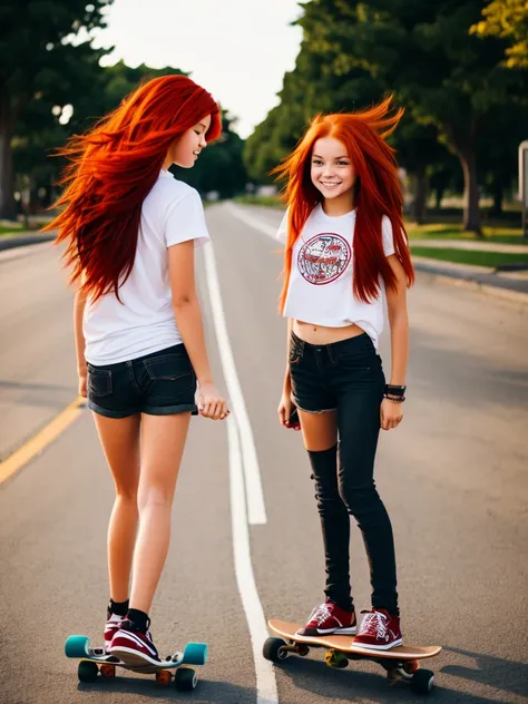 a girl with red hair and a girl with brown hair riding a skateboard 