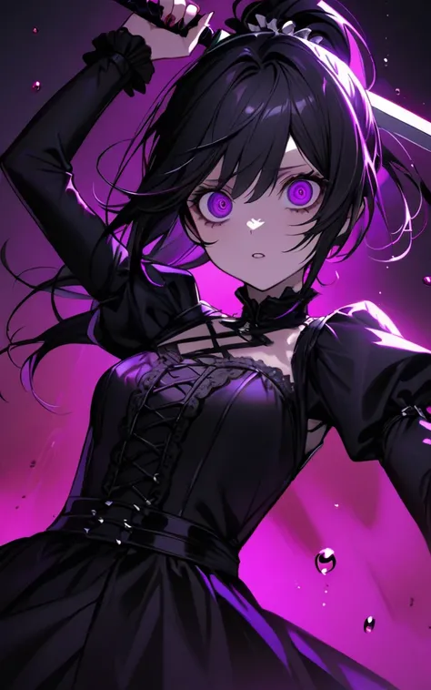 (masterpiece)、(absurdres)、(ultra detailed)、solo lady、shiny black hair、shiny purple eyes、short highponytail
、1white ribbon:1.1、small breast:0.8、gothic dress,Crazy Eyes、despair、Dark Side、Swinging a sword、Blood droplets、darkness,wander、