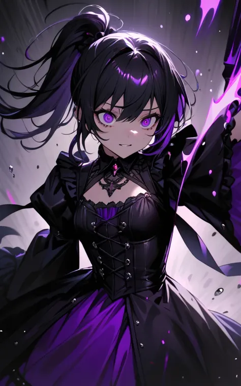 (masterpiece)、(absurdres)、(ultra detailed)、solo lady、shiny black hair、shiny purple eyes、short highponytail
、1white ribbon:1.1、small breast:0.8、gothic dress,Crazy Eyes、despair、Dark Side、Swinging a sword、Blood droplets、darkness,wander、