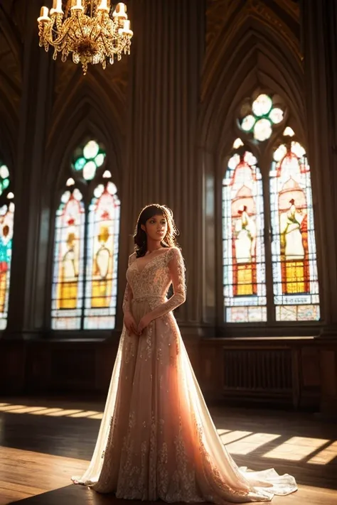 The ballroom, the sunlight pouring down, the colorful flowers, a woman in evening dress standing, a lace dress with floral patterns, rays of light pouring in through the large stained glass windows, flowers and light particles in the air drifting, volumino...