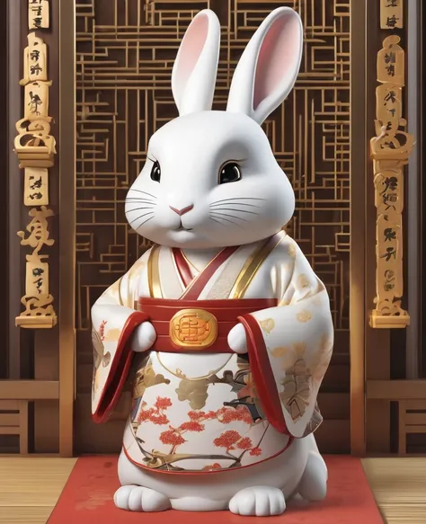 Cute white girl rabbit Jizo statue３D Image、Gaze kindly、wear Kimono、Think of something fun、Bring happiness、With a pen in hand、The background is a shining shrine、Standing with a gentle gaze on the viewer, Chinese elements、 Very detailed、Gold