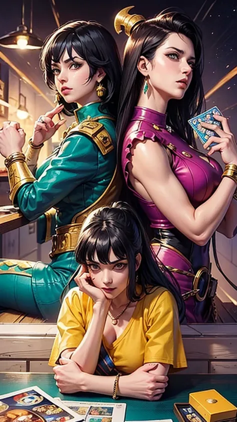 A scene depicting Bruno Bucciarati from JoJos Bizarre Adventure playing the board game Catan with a female character who has dark hair and a serious expression. They are sitting across from each other at a table, deeply focused and serious as they compete ...