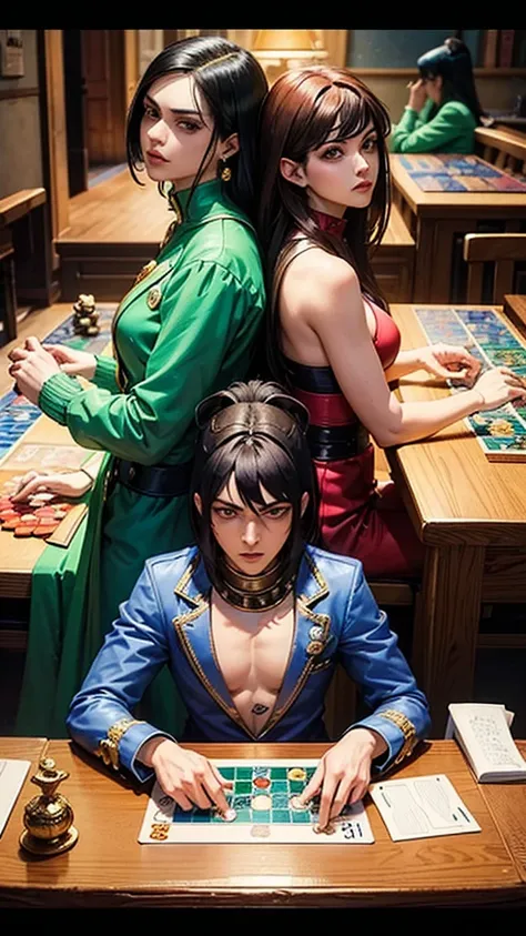 A scene depicting Bruno Bucciarati from JoJos Bizarre Adventure playing the board game Catan with a female character who has dark hair and a serious expression. They are sitting across from each other at a table, deeply focused and serious as they compete ...