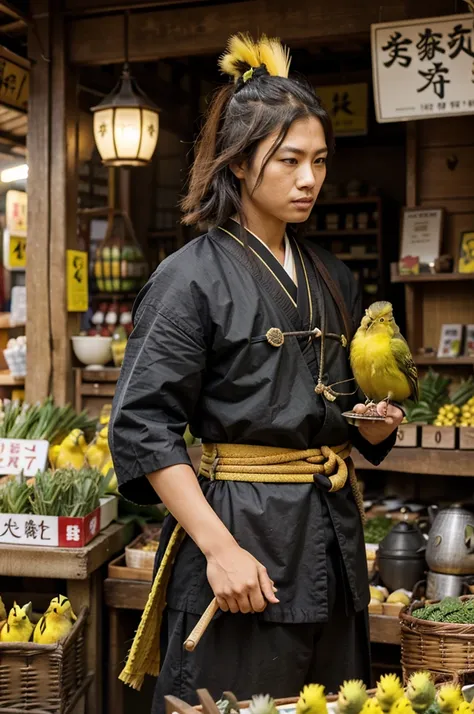 a samurai with canary bird in teaditional market