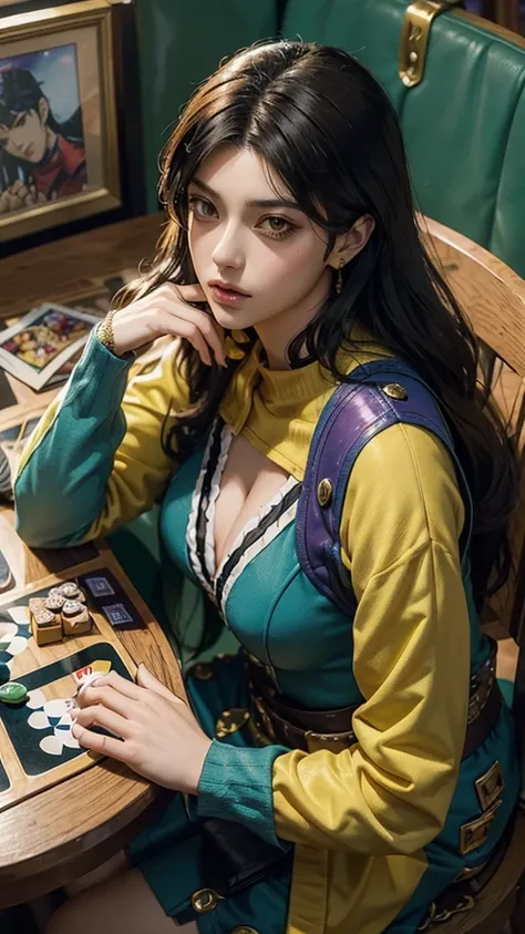 A scene depicting Bruno Bucciarati from JoJos Bizarre Adventure playing the board game Catan with a female character who has dark hair and a serious expression. They are sitting across from each other at a table, deeply focused and serious as they compete ...