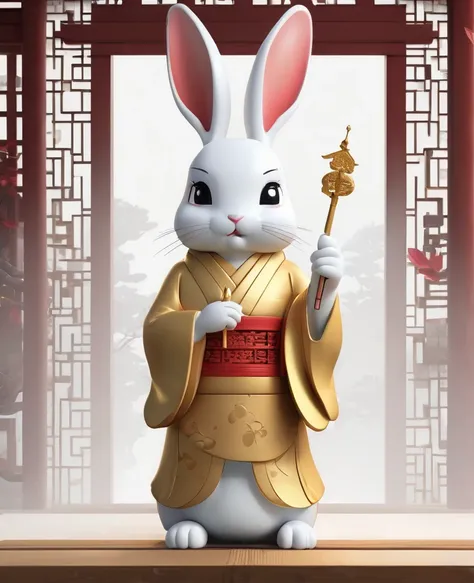 Cute white girl rabbit Jizo statue３D Image、Gaze kindly、wear Kimono、Holding a pen in hand、Think of something fun、Bring happiness、The background is a shining shrine、Standing with a gentle gaze on the viewer, Chinese elements、 Very detailed、Gold