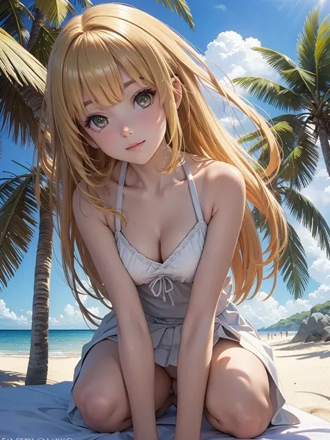 masterpiece, rich colors, Best quality, detailed, high resolution, Hyper quality, high detail, , high quality, detailing, skinny sexy girl on the beach , bright lighting , Brown eyes, Anime, palm trees, bright lighting, blonde,