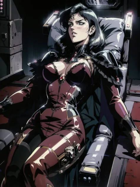 ((((retro anime)) of a gothic vampire sitting in gothic ruby mech)), ((())), close-up, ((gothic (control panels) everywhere)), ((mature)), ((vampiric)), (iridescent bodysuit), lace accessories, dark big lips, ((baroque pilot seat)), ((((lying back)) pose))...