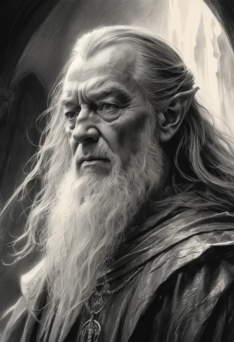 stunning black and white graphite sketch of Denethor II, up close shot, from The Lord Of The Rings trilogy, in dynamic pose, by Anna Razumovskay, (by Alyssa Monks:1.1), by Joseph Lorusso, by Lilia Alvarado, beautiful lighting, sharp focus, 8k, high res, (p...