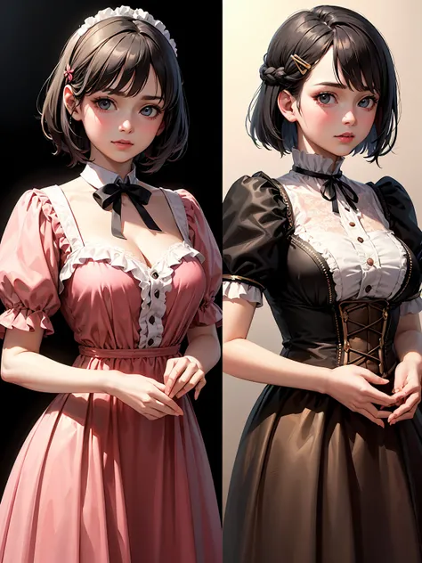 (Highest quality、16K、masterpiece、Ultra-high resolution、Victorian era、Photorealistic:1.2)、Cowboy Shot、One-length bob cut braided hair clip with front drop、Big ribbon、Stylish dresses from the brand、Dressy styles that are glamorous and pretty, with an emphasi...