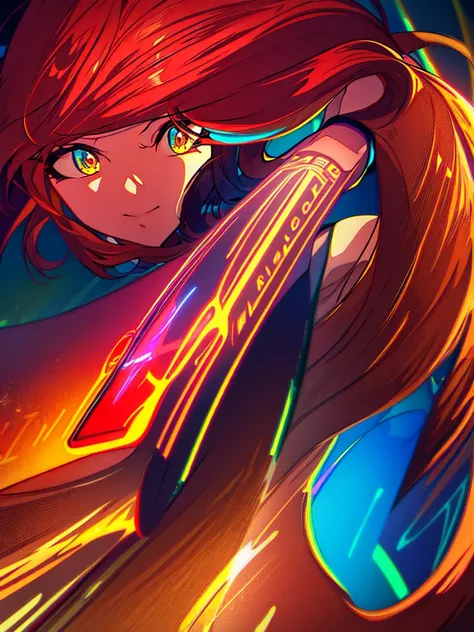 A girl with long flowing red hair, a girl with wavy brown hair, both riding colorful skateboards, dynamic action scene, beautiful detailed eyes, beautiful detailed lips, extremely detailed faces, longeyelashes, dynamic motion, urban city background, neon l...