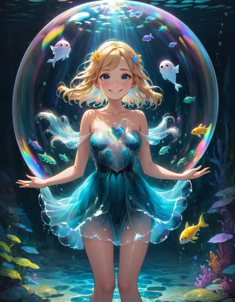 a beautiful nordic girl with well-designed eyes and face, full body, stands in a huge magical bubble. people in the huge magic b...