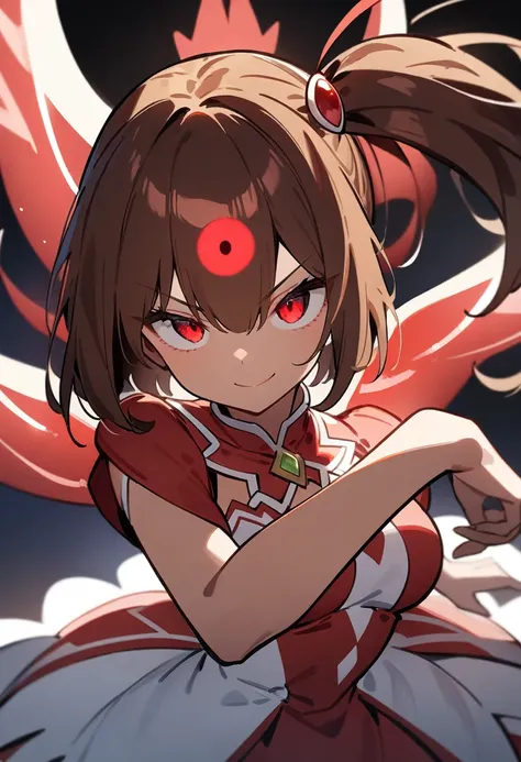 1girl, serious smile, manga cover, red floating eye, eye monster, looking at a floating red eye monster in the sky, tanned skin, medium breasts, side ponytail, short hair, messy and brown hair, red magical girl dress, mahou shoujo pose, manga sketch lines,...