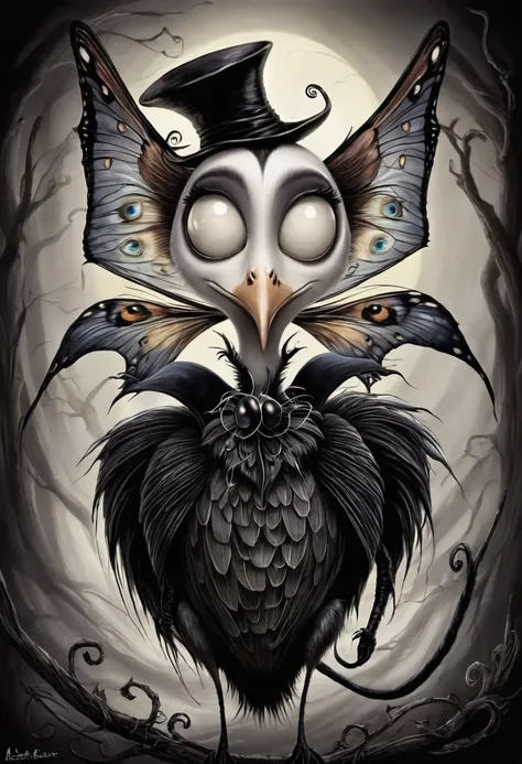 fantastic animals, insect mix, flying birds and cats, all with an unreal style very typical of Tim Burton.