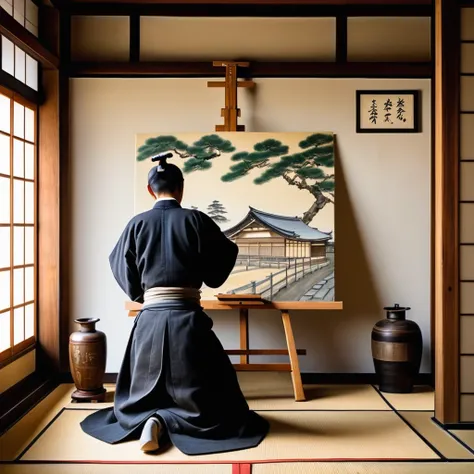 Japanese man from the back painting a picture in the 16th century in a typical house of the time