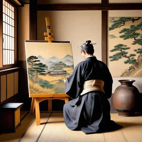 Japanese man from the back painting a picture in the 16th century in a typical house of the time