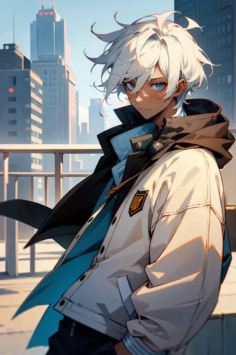 1male , dark skin , white hair , undercut hair , messy hair , brown letterman jacket ,  modern city background , pale blue eyes ...