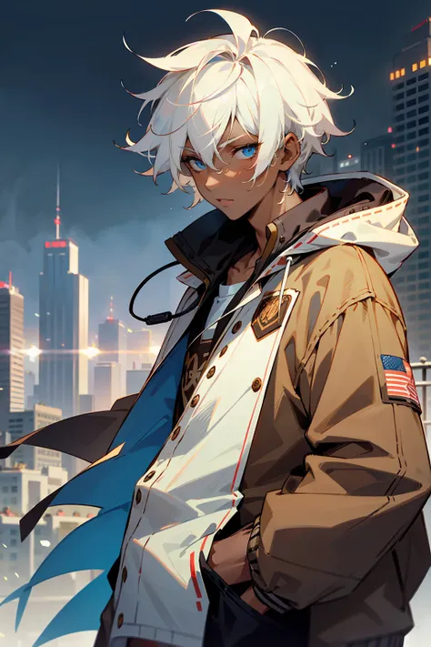 1male , dark skin , white hair , undercut hair , messy hair , brown letterman jacket ,  modern city background , pale blue eyes ...