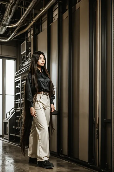 Control panel tokyo revengers brunette girl with long hair in layers, wide pants and a wide shirt from some metal band
