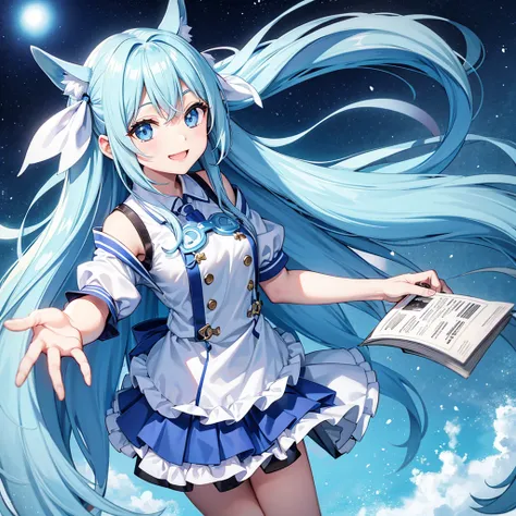 Light blue long hair、Twin-tailed Girl、holding a big key、Bright smile、