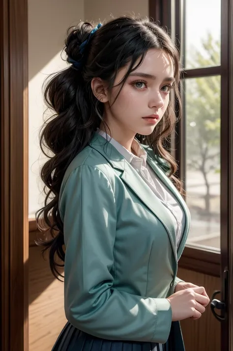 A beautiful young woman with fair skin, piercing green eyes and dark curly hair tied into two side braids. She wears a traditional Japanese , consisting of a navy blue pleated skirt, a white long-sleeved blouse and a navy blue blazer. The scene is lit by s...