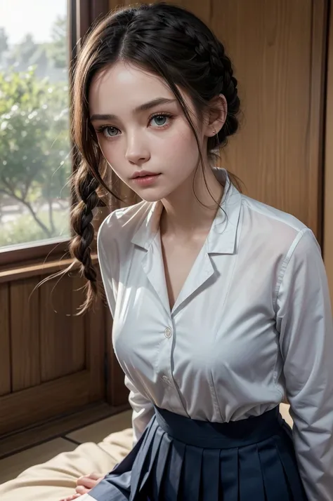 A beautiful young woman with fair skin, piercing green eyes and dark curly hair tied into two side braids. She wears a traditional Japanese , consisting of a navy blue pleated skirt, a white long-sleeved blouse and a navy blue blazer. The scene is lit by s...