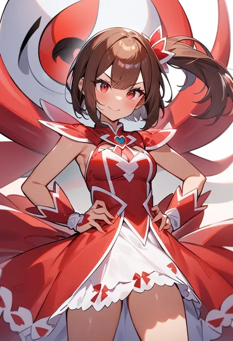 1girl, hands on hips, serious smile, manga cover, red floating eye, eye monster, looking at a floating red eye monster in the sky, tanned skin, medium breasts, side ponytail, short hair, messy and brown hair, red magical girl dress, mahou shoujo pose, mang...