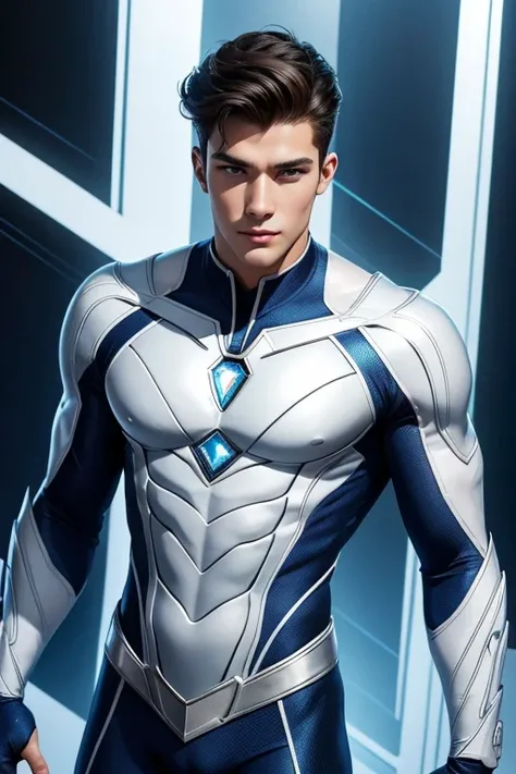 full body photorealistic handsome hunky fractal masculine Teen titans Robin.. wearing a white diamond transparent crystal chrome glass super suit , look at camera, detailed face parts,, studio as background, Freestyle Pose, Happy Expression, perfect anatom...