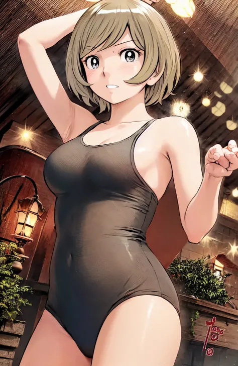 Sports Bra、panties、(masterpiece、Highest quality)、Highest quality, Ultra-high resolution, (((masterpiece))), alone, Sweat、Big eyes, Please show me your armpits, Composition from the front、（Short back hair、short hair、blonde、woman）、(Manga style:1.1)、Shortcuts...