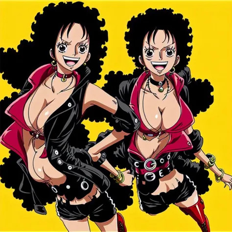 full body Create a female character with voluminous, bright red curly hair in the style of anime One Piece. She should be sexy, wearing black shorts and a black vest, with a choker necklace and flat-heeled boots. Her eyes are brown, and she is 16 years old...