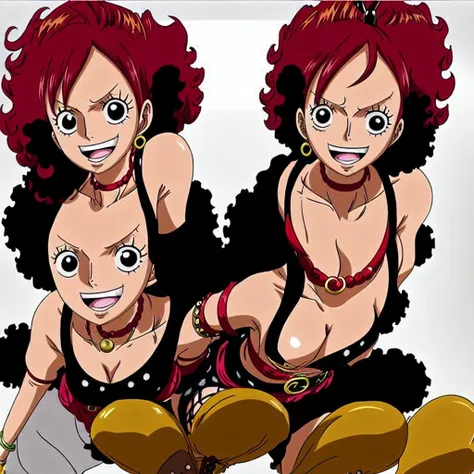 full body Create a female character with voluminous, bright red curly hair in the style of anime One Piece. She should be sexy, wearing black shorts and a black vest, with a choker necklace and flat-heeled boots. Her eyes are brown, and she is 16 years old...