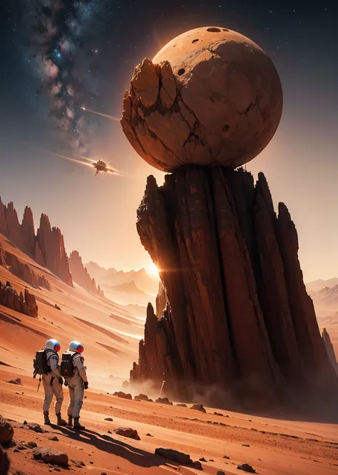 Imagine the vast, alien landscape of Mars unfolding before three astronauts as they disembark from their spacecraft. The scene captures the anticipation and awe of their arrival, with the crimson hues of the Martian terrain contrasting against the deep, st...