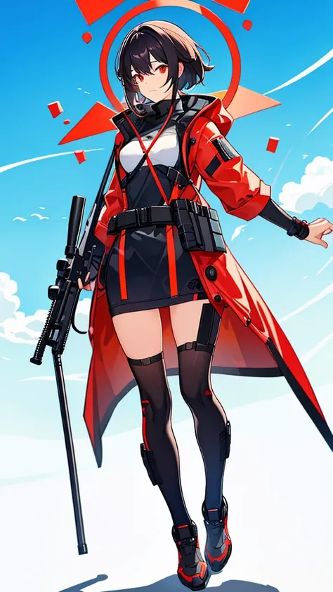 No background　Girl holding a sniper rifle　Medium Hair　Black hair color　Red eyes　Full body view　Anxious face