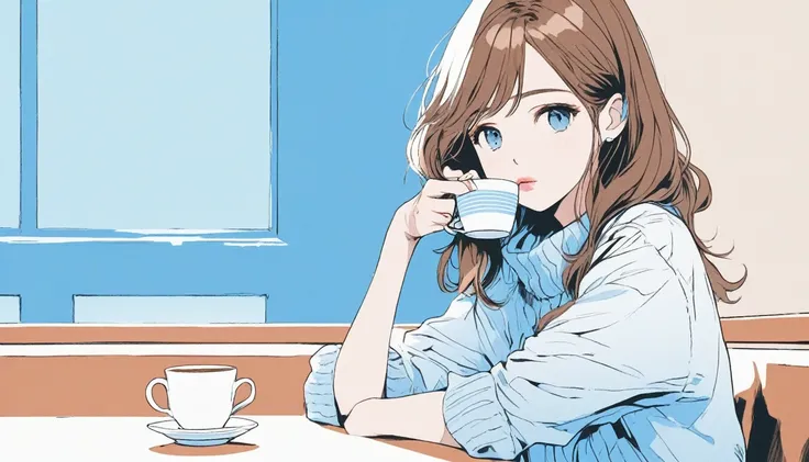 Illustrator, anime , Realistic ,sketch , 1 Girl,　lip, ,order, cafe，Blue gradient background, Brown Hair,Textured Trim, Canadian, (masterpiece,Highest quality) Cancer