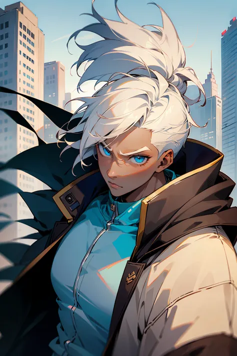 1male , dark skin , white hair , undercut hair , messy hair , brown letterman jacket ,  modern city background , pale blue eyes ...