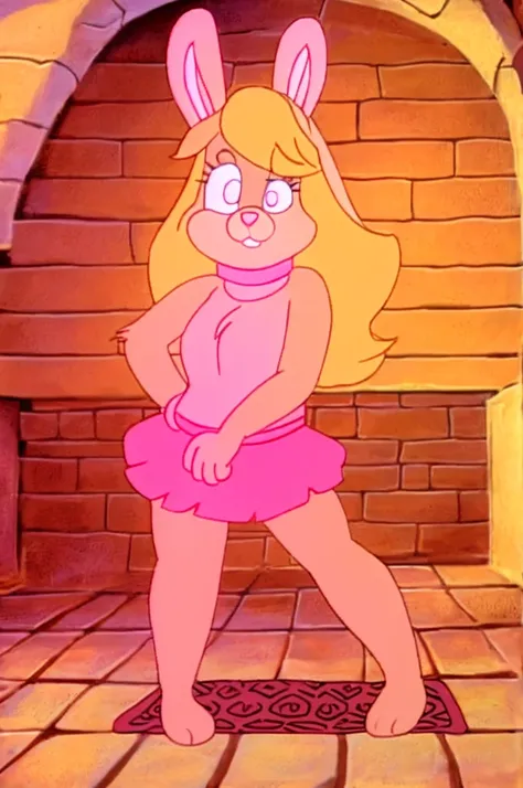 Furry Yellow rabbit with white eyes with hot pink pupil and pink collar with mat instead of chest without clothes cartoonish Hanna-Barbera type, Women, Mexican pink volume skirt