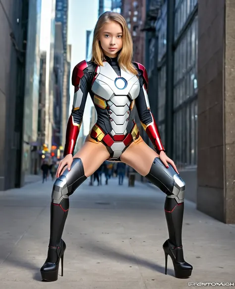 (12 Year Old 1.5), European teen, brunette teen, blonde teen cute face, white skin, girl beautiful face, beautiful baby girl, medium Breasts, Long Legs, fitness body, (sexy mecha Iron man outfit 1.5),extreme detail, naked torso, (black sexy Tiny ironman su...