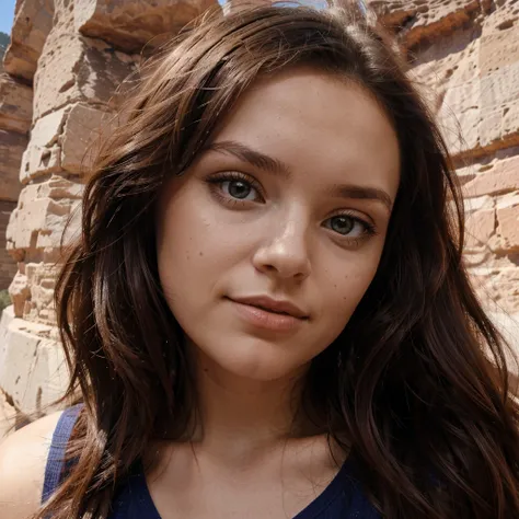 femme de 22 ans, cheveux longs bruns peu bouclés, yeux bleus, visage parfait, dans le colorado, grand canyon, selfi, soleil 