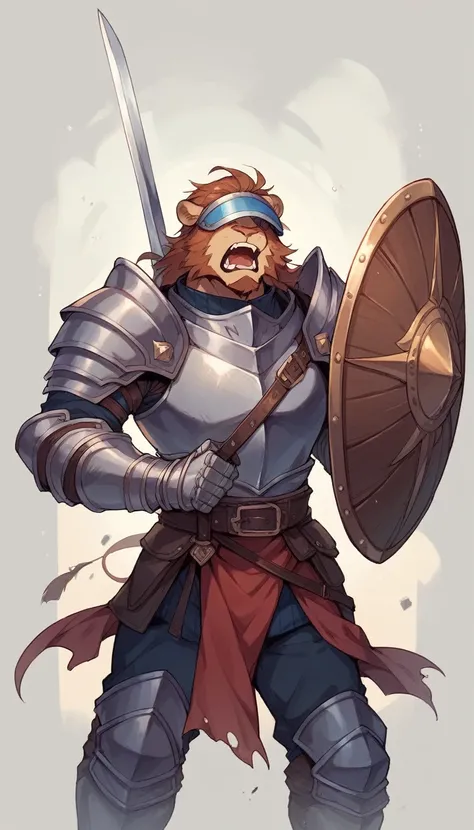 Male knight in blue hued heavy armor carrying a shield that has a rampant lion on it and a long sword in his other hand. His helm visor is up, and he is shouting a warning to some companions behind him. 