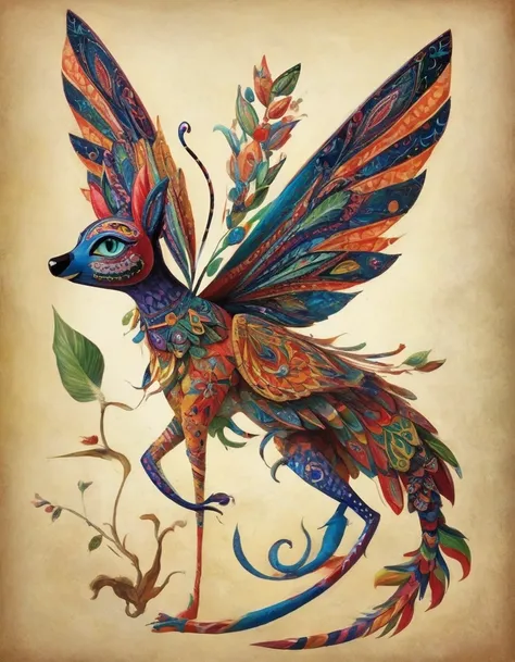 fantastic animals, mexican alebrijes, insect mix, flying birds and cats, all with an unreal style very typical of Tim Burton.