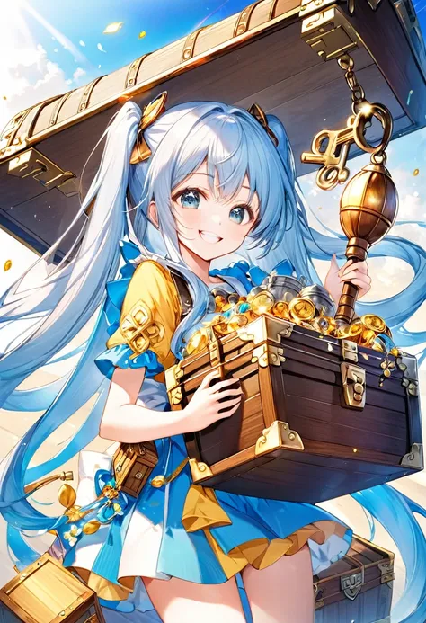 Light blue long hair、Twin-tailed Girl、holding a big key、Bright smile、Treasure Chest