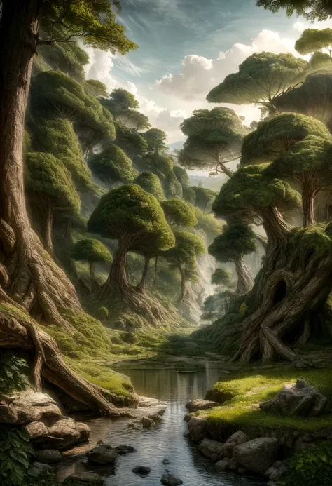 16k, massive details, ((complex details))) immense sky,field of many trees intertwined in the trunks,amazing sky,Level 15,rocky surface, (photorealistic), art (((Claude Lorrain))), J.R. Tolkien Type [sharp focus], (HDR), (8k), (gigapixel), (masterpiece)