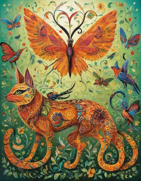 fantastic animals, mexican alebrijes, insect mix, flying birds and cats, all with an unreal style very typical of Tim Burton.