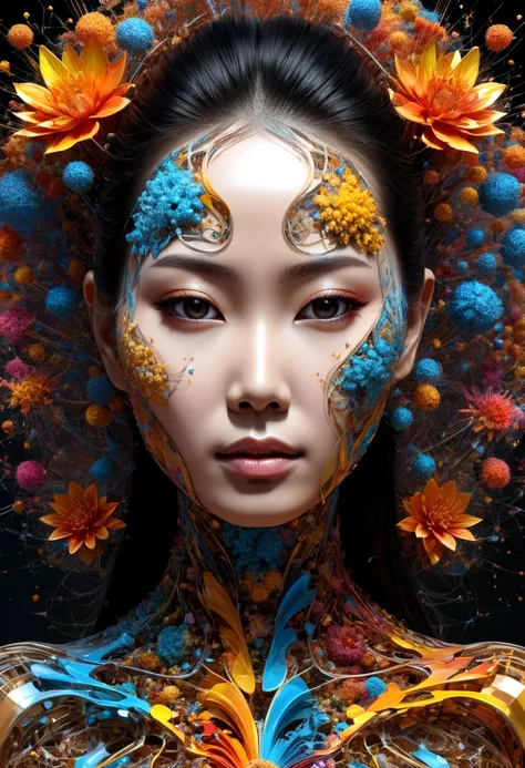 Beautiful Thai women&#39;s faces, splatter, 3D cubic distribution of the body,  surreal cgi masterpiece, bright colors,  mechanical dispersion, decay of the biosphere, Highly detailed, , fractal art, , 16K, geometric concept art, sharp line