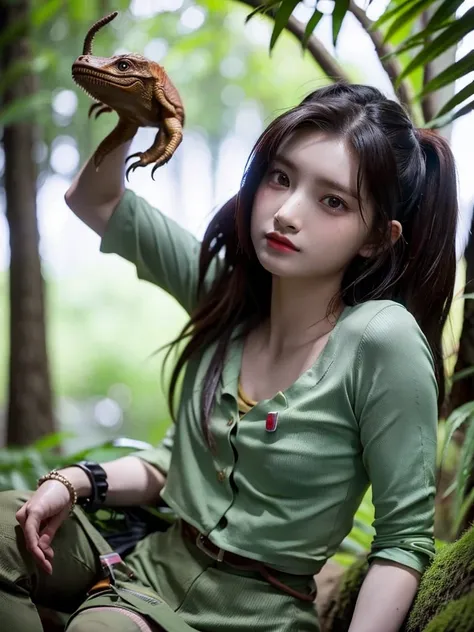 chica linda como wang yiren, in jurassic park jurassic park with a little dinosaur.