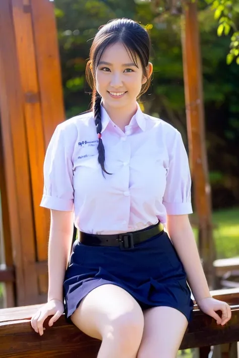 (masterpiece, best quality:1.2), 1girl, (ponytail hair styles),beautiful girl wearing a , ((thai school uniform)), (posing sitti...