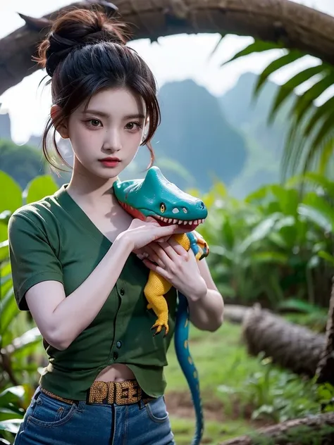 chica linda como wang yiren, in jurassic park jurassic park with a little dinosaur.